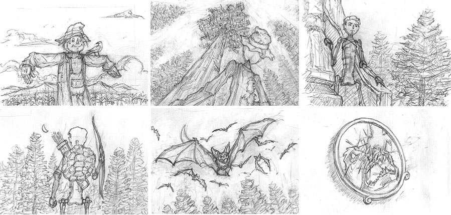 Spot illustration sketches for The Adventures of Cardboard Man: The New Boots