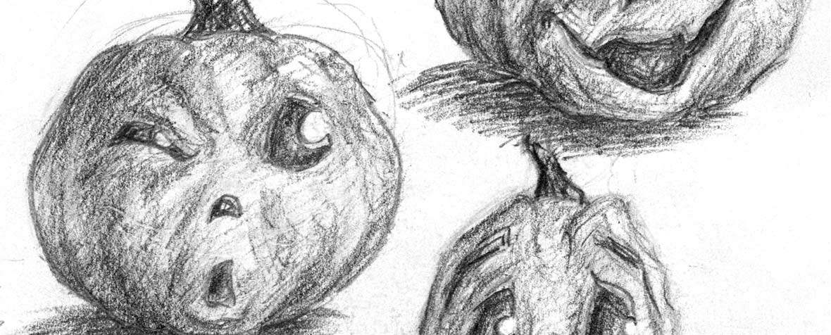 Close up of sketch of 3 different jack-o-lanterns making facial expressions