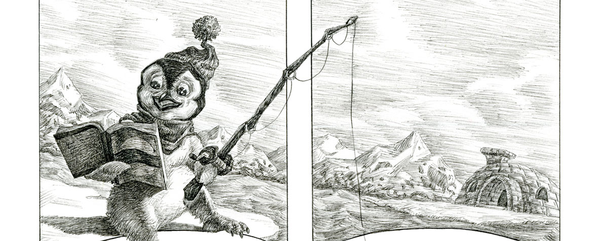 Illustration of a penguin reading while fishing