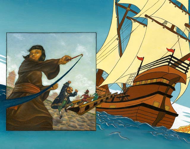 A girl paints a beautiful ship for the magistrate