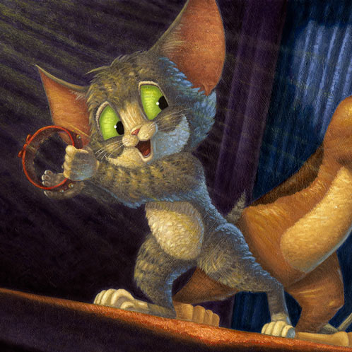 A cat using his collar as a tambourine